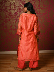 Light Festive. Soft Chanderi & Benarasi Brocade Long Kurta Set - Narangi, (2 pc set)
