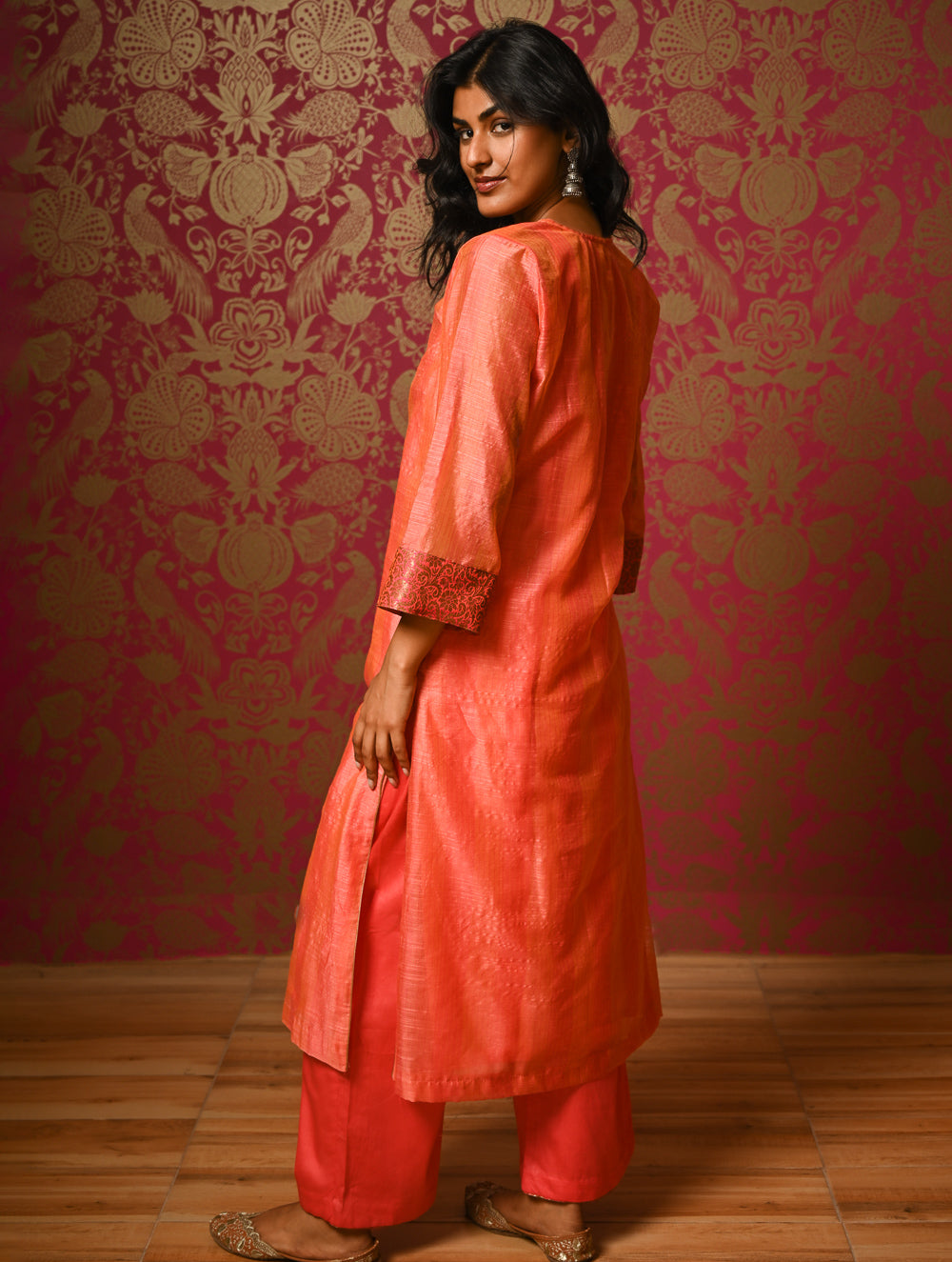 Light Festive. Soft Chanderi & Benarasi Brocade Long Kurta Set - Narangi, (2 pc set)