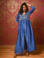 Regal Elegance. Chanderi Long Dress / Kurta Set - Neela Paan, (2 pc set)