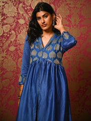 Regal Elegance. Chanderi Long Dress / Kurta Set - Neela Paan, (2 pc set)