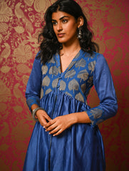 Regal Elegance. Chanderi Long Dress / Kurta Set - Neela Paan, (2 pc set)