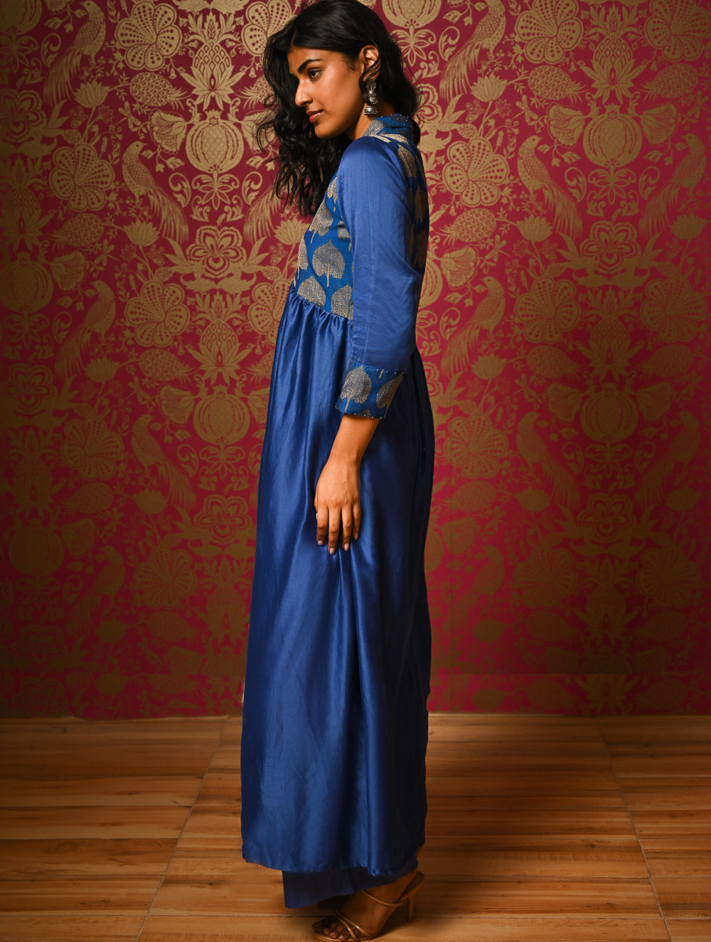 Regal Elegance. Chanderi Long Dress / Kurta Set - Neela Paan, (2 pc set)