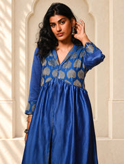 Regal Elegance. Chanderi Long Dress / Kurta Set - Neela Paan, (2 pc set)
