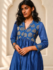 Regal Elegance. Chanderi Long Dress / Kurta Set - Neela Paan, (2 pc set)