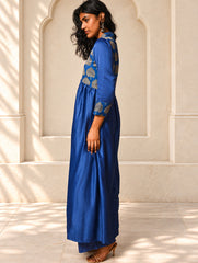 Regal Elegance. Chanderi Long Dress / Kurta Set - Neela Paan, (2 pc set)