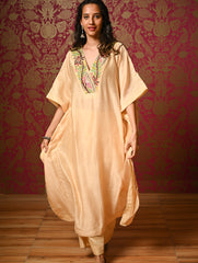 Regal Elegance. Hand Embroidered Kantha Chanderi Kaftan Kurta Set - Bahaar, (2 pc set)