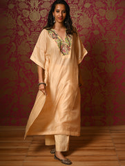 Regal Elegance. Hand Embroidered Kantha Chanderi Kaftan Kurta Set - Bahaar, (2 pc set)