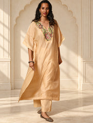 Regal Elegance. Hand Embroidered Kantha Chanderi Kaftan Kurta Set - Bahaar, (2 pc set)