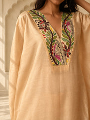 Regal Elegance. Hand Embroidered Kantha Chanderi Kaftan Kurta Set - Bahaar, (2 pc set)