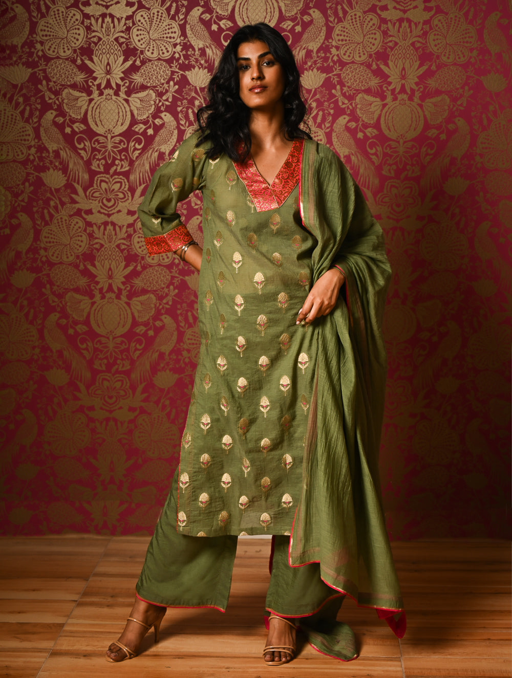 Light Festive. Soft Benarasi Kurta Set - Forest Flora ( 3 pc set)