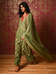 Light Festive. Soft Benarasi Kurta Set - Forest Flora ( 3 pc set)