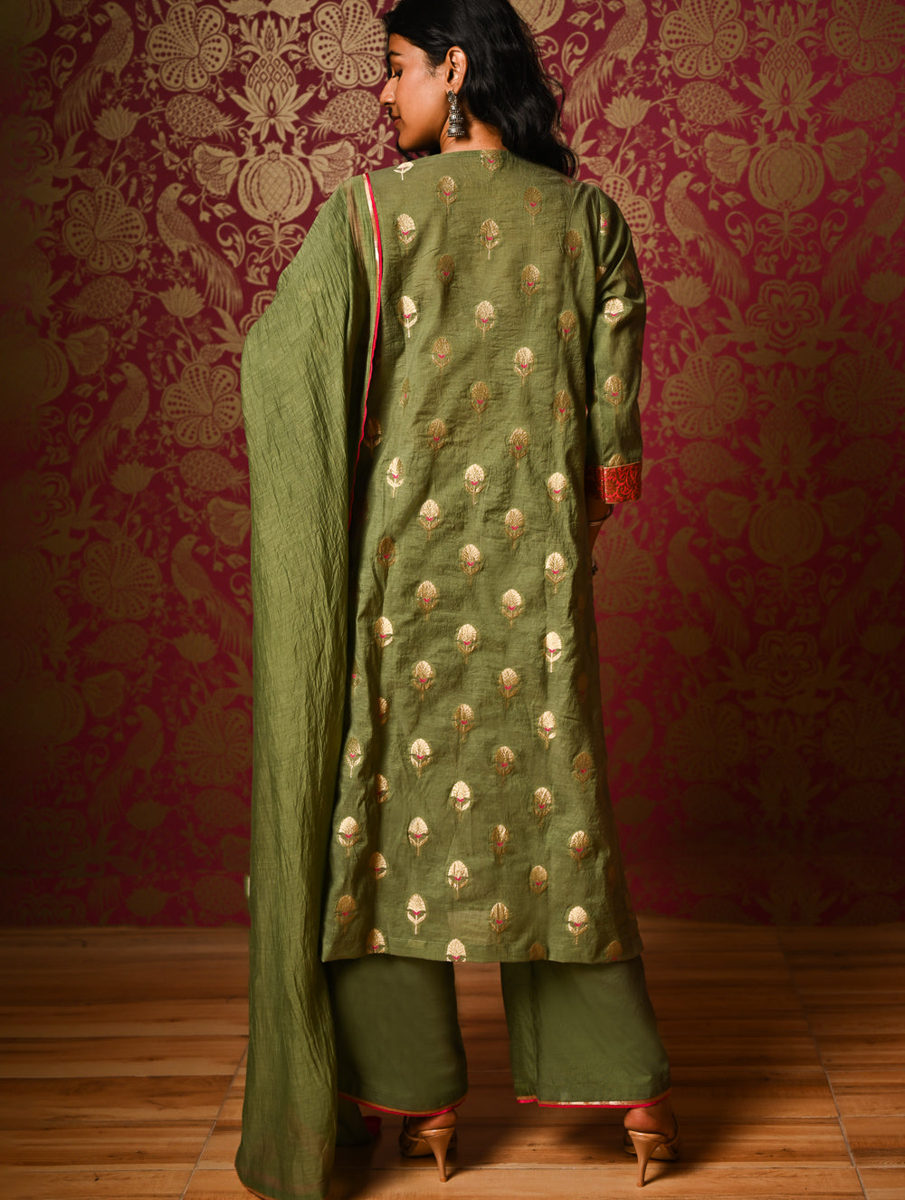 Light Festive. Soft Benarasi Kurta Set - Forest Flora ( 3 pc set)