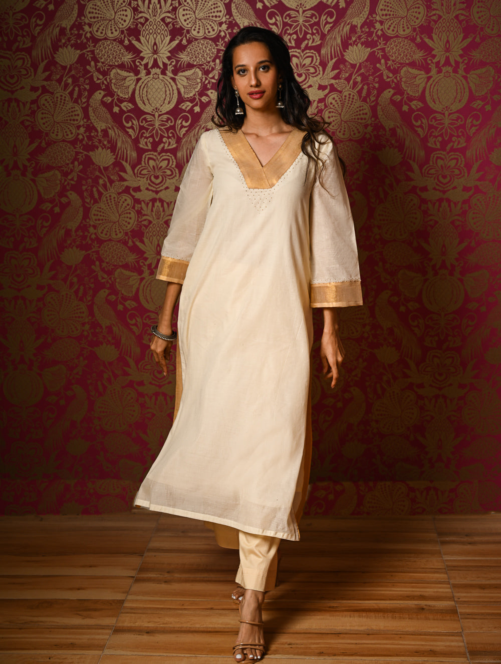 Light Festive. Elegant Kerala Kasavu Kurta Set - Golden Cream (2 pc set)