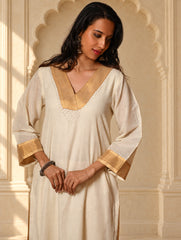 Light Festive. Elegant Kerala Kasavu Kurta Set - Golden Cream (2 pc set)