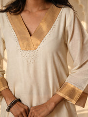 Light Festive. Elegant Kerala Kasavu Kurta Set - Golden Cream (2 pc set)