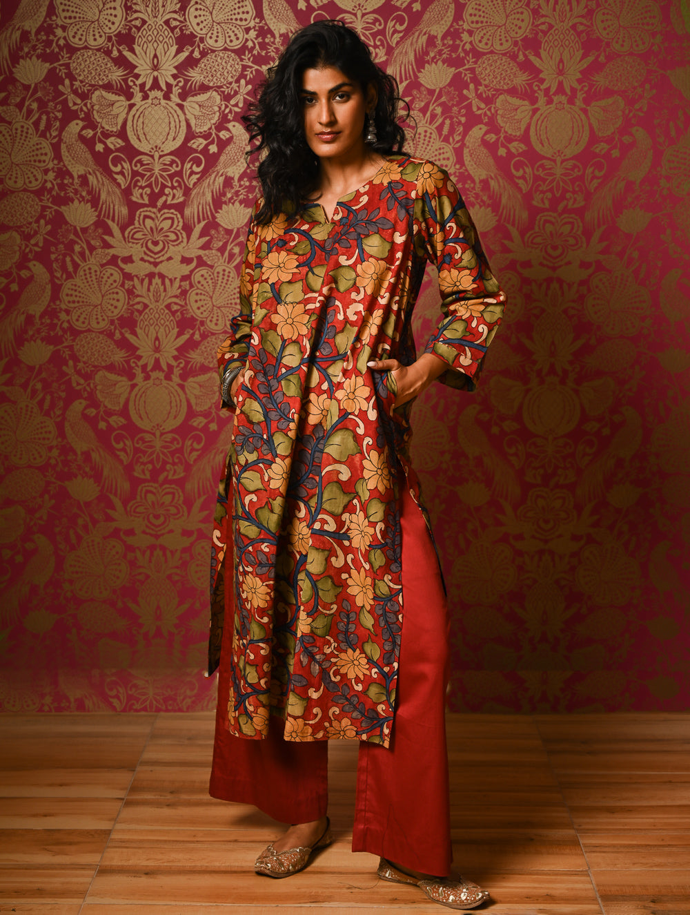 Exclusive, Authentic Kalamkari Cotton Loose Fit Kurta Set - Red Flora (2 pc set)