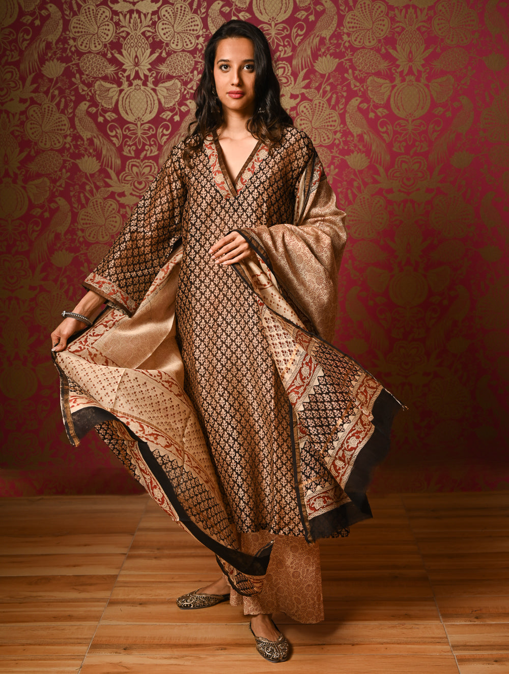 Light Festive. Bagru Hand Block Printed Chanderi Kurta Set - Gulshan ( 3 pc set)
