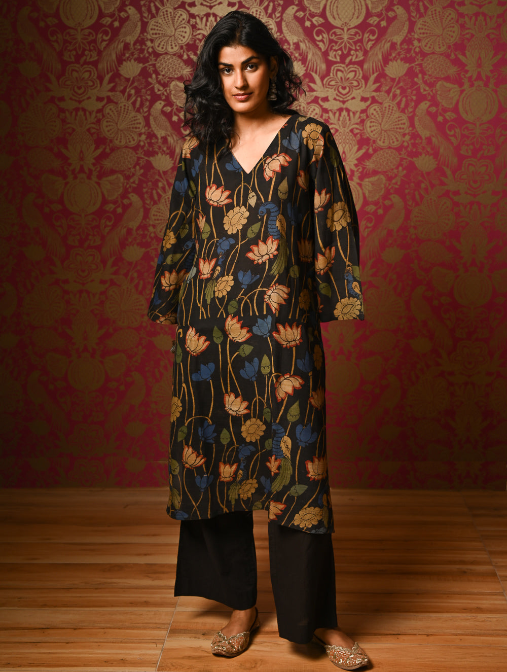 Exclusive, Authentic Kalamkari Silk Viscose Blend Loose Fit Kurta Set - Black Lotus (2 pc set)