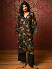 Exclusive, Authentic Kalamkari Silk Viscose Blend Loose Fit Kurta Set - Black Lotus (2 pc set)