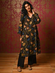 Exclusive, Authentic Kalamkari Silk Viscose Blend Loose Fit Kurta Set - Black Lotus (2 pc set)