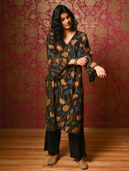 Exclusive, Authentic Kalamkari Silk Viscose Blend Loose Fit Kurta Set - Black Lotus (2 pc set)