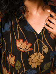Exclusive, Authentic Kalamkari Silk Viscose Blend Loose Fit Kurta Set - Black Lotus (2 pc set)