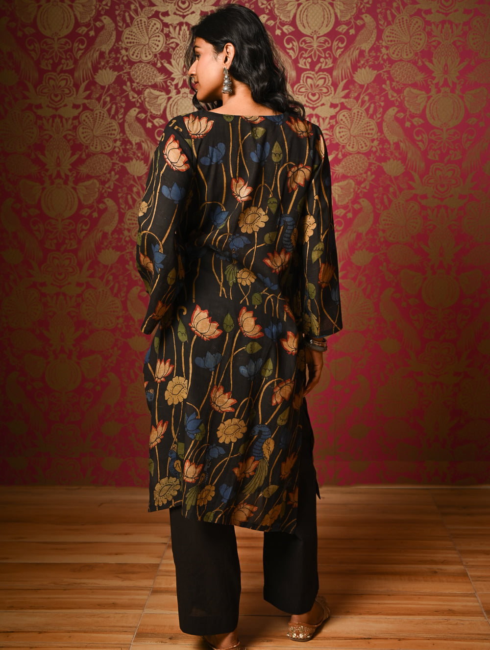 Exclusive, Authentic Kalamkari Silk Viscose Blend Loose Fit Kurta Set - Black Lotus (2 pc set)