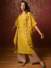 Exclusive, Authentic Kalamkari Silk Viscose Blend Kaftan Kurta Set - Bamboo Stems (2 pc set)