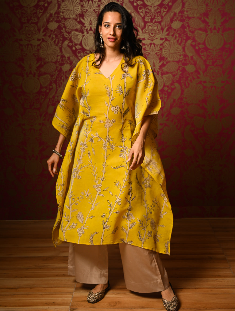 Exclusive, Authentic Kalamkari Silk Viscose Blend Kaftan Kurta Set - Bamboo Stems (2 pc set)