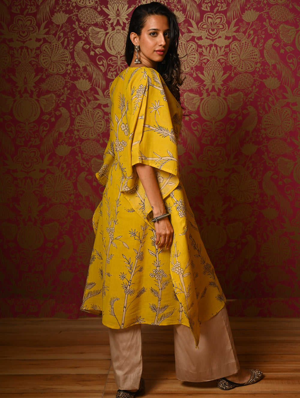 Exclusive, Authentic Kalamkari Silk Viscose Blend Kaftan Kurta Set - Bamboo Stems (2 pc set)