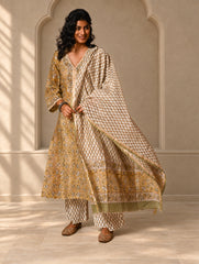 Light Festive. Bagru Hand Block Printed Chanderi Kurta Set - Hariyali ( 3 pc set)