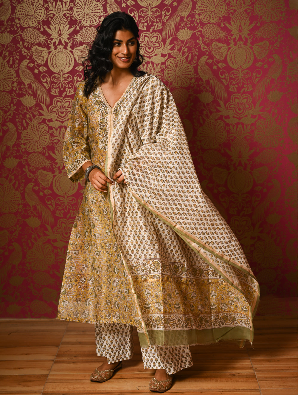 Light Festive. Bagru Hand Block Printed Chanderi Kurta Set - Hariyali ( 3 pc set)