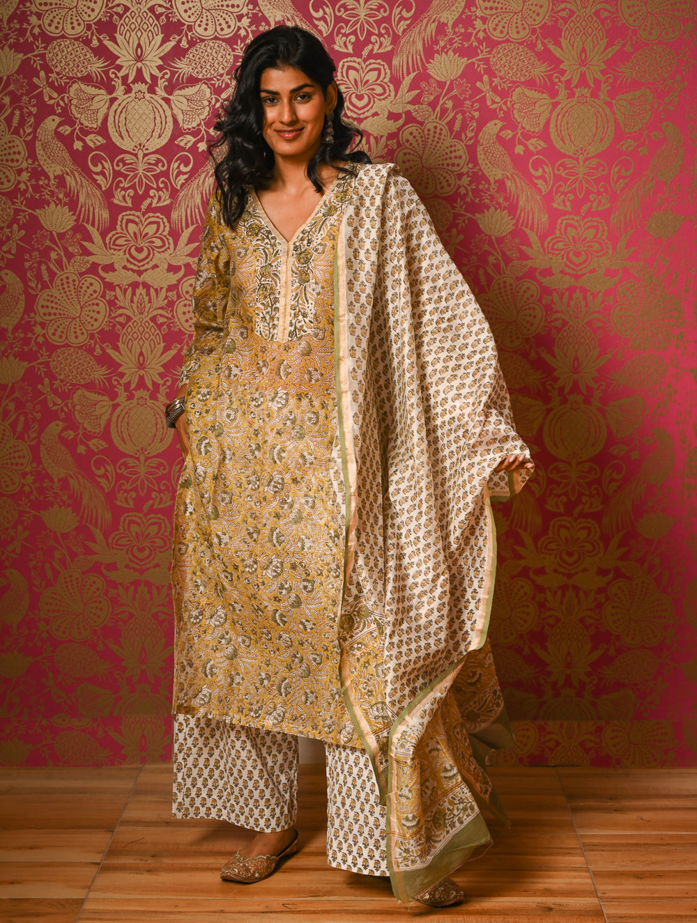 Light Festive. Bagru Hand Block Printed Chanderi Kurta Set - Hariyali ( 3 pc set)