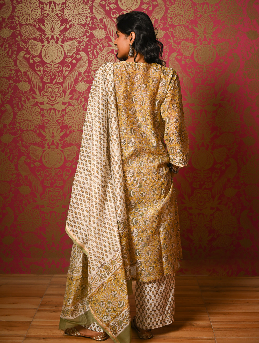 Light Festive. Bagru Hand Block Printed Chanderi Kurta Set - Hariyali ( 3 pc set)