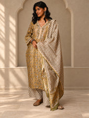 Light Festive. Bagru Hand Block Printed Chanderi Kurta Set - Hariyali ( 3 pc set)