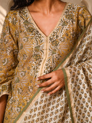 Light Festive. Bagru Hand Block Printed Chanderi Kurta Set - Hariyali ( 3 pc set)
