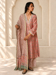 Light Festive. Bagru Hand Block Printed Chanderi Kurta Set - Gulab ( 3 pc set)