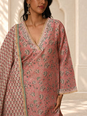 Light Festive. Bagru Hand Block Printed Chanderi Kurta Set - Gulab ( 3 pc set)