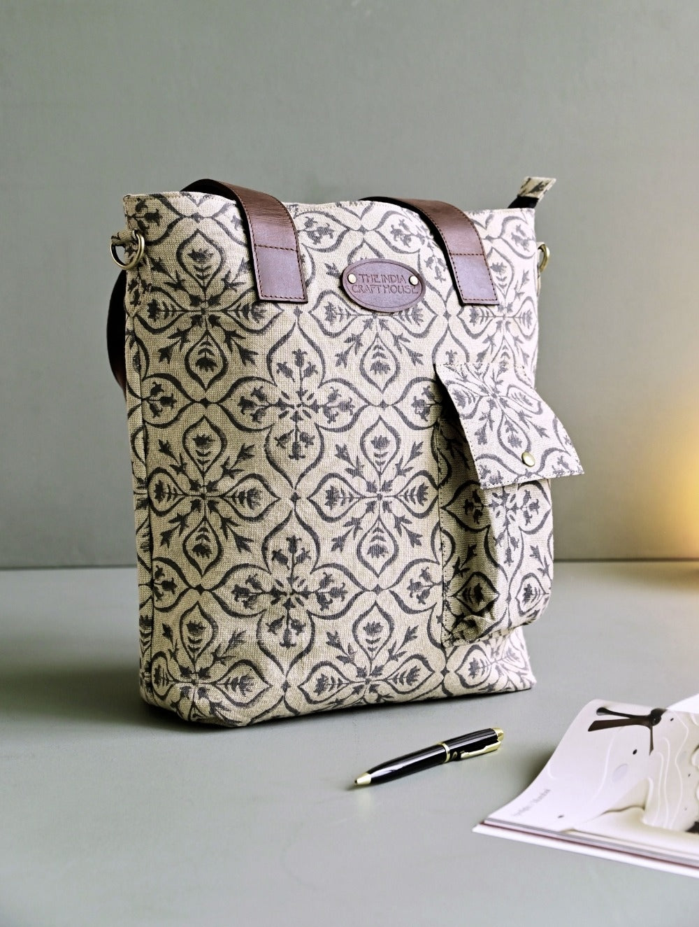 The Traveller’s Collection: Handblock Print Conference Bag - Charcoal Floral Tote
