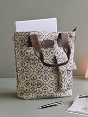 The Traveller’s Collection: Handblock Print Conference Bag - Charcoal Floral Tote