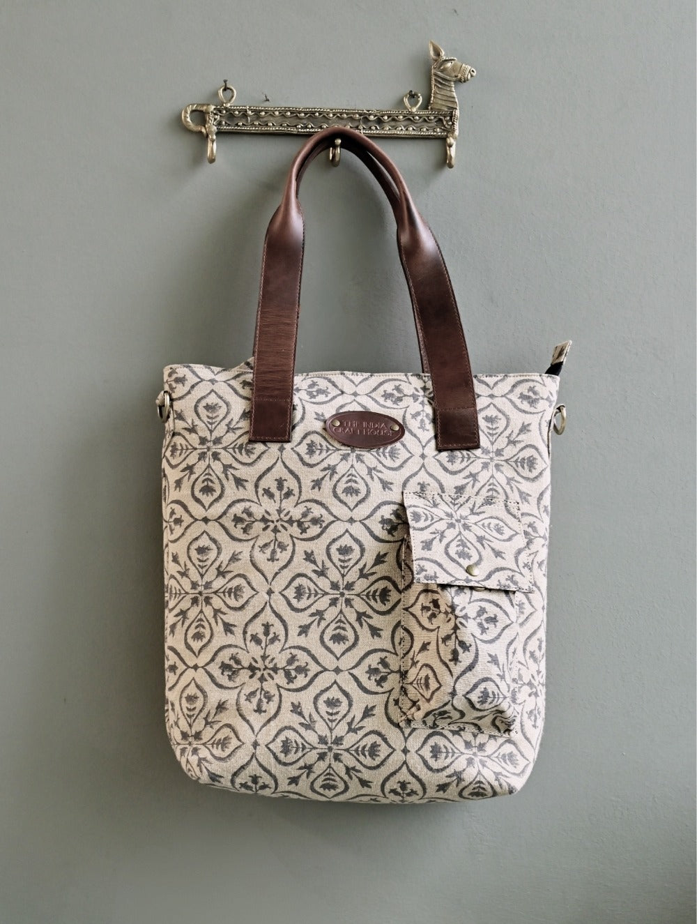 The Traveller’s Collection: Handblock Print Conference Bag - Charcoal Floral Tote