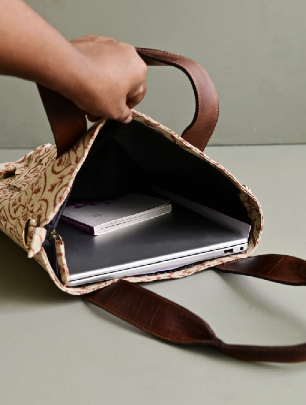 The Traveller’s Collection: Handblock Print Conference Bag - Charcoal Floral Tote
