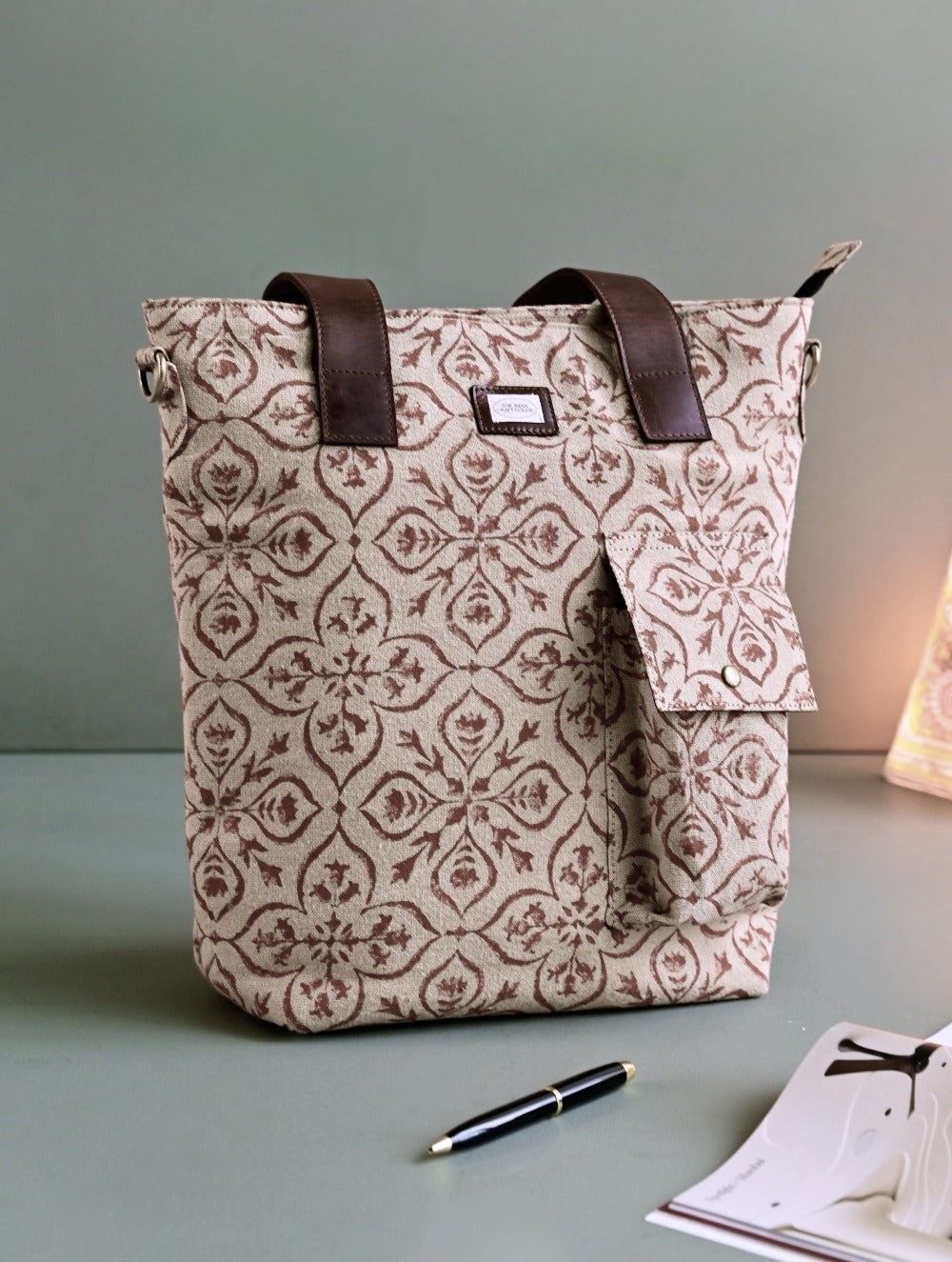 The Traveller’s Collection: Handblock Print Conference Bag - Tan Floral Tote