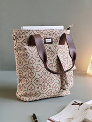 The Traveller’s Collection: Handblock Print Conference Bag - Tan Floral Tote