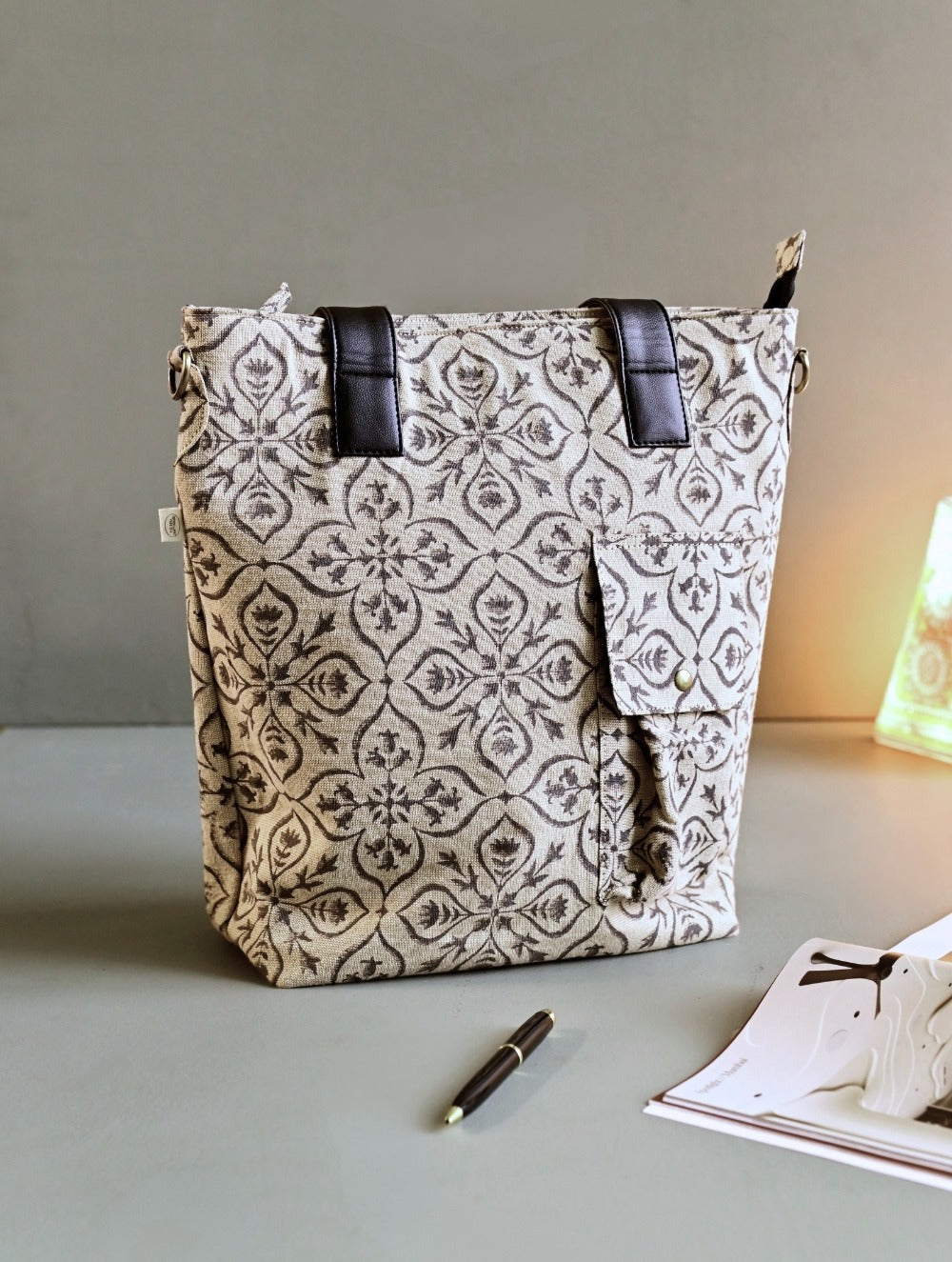 The Traveller’s Collection: Handblock Print Conference Bag - Ebony Floral Tote