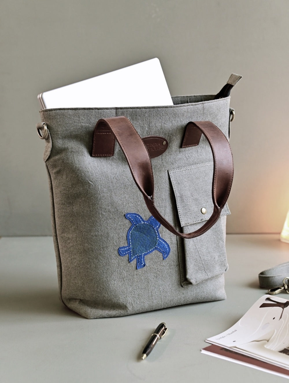 Kantha Caravan Collection: The Kantha & Canvas Conference Bag - Mist Turtle Tote