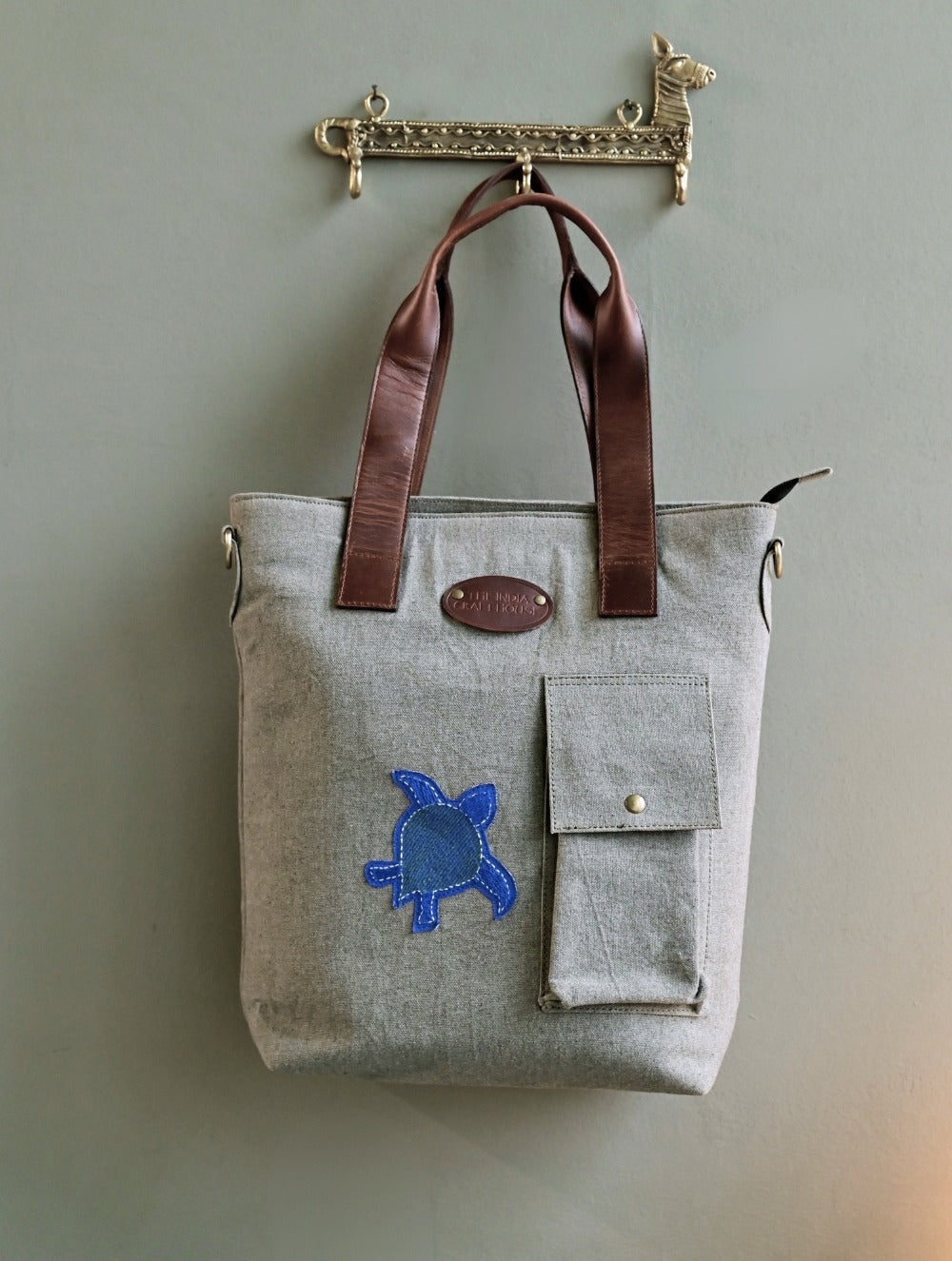 Kantha Caravan Collection: The Kantha & Canvas Conference Bag - Mist Turtle Tote