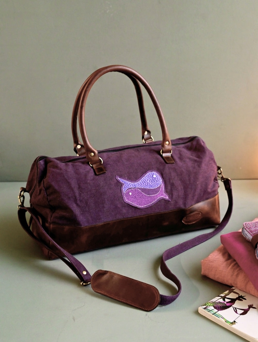 Kantha Caravan Collection: The Kantha & Canvas Duffle Bag - Plum Whales (Large)