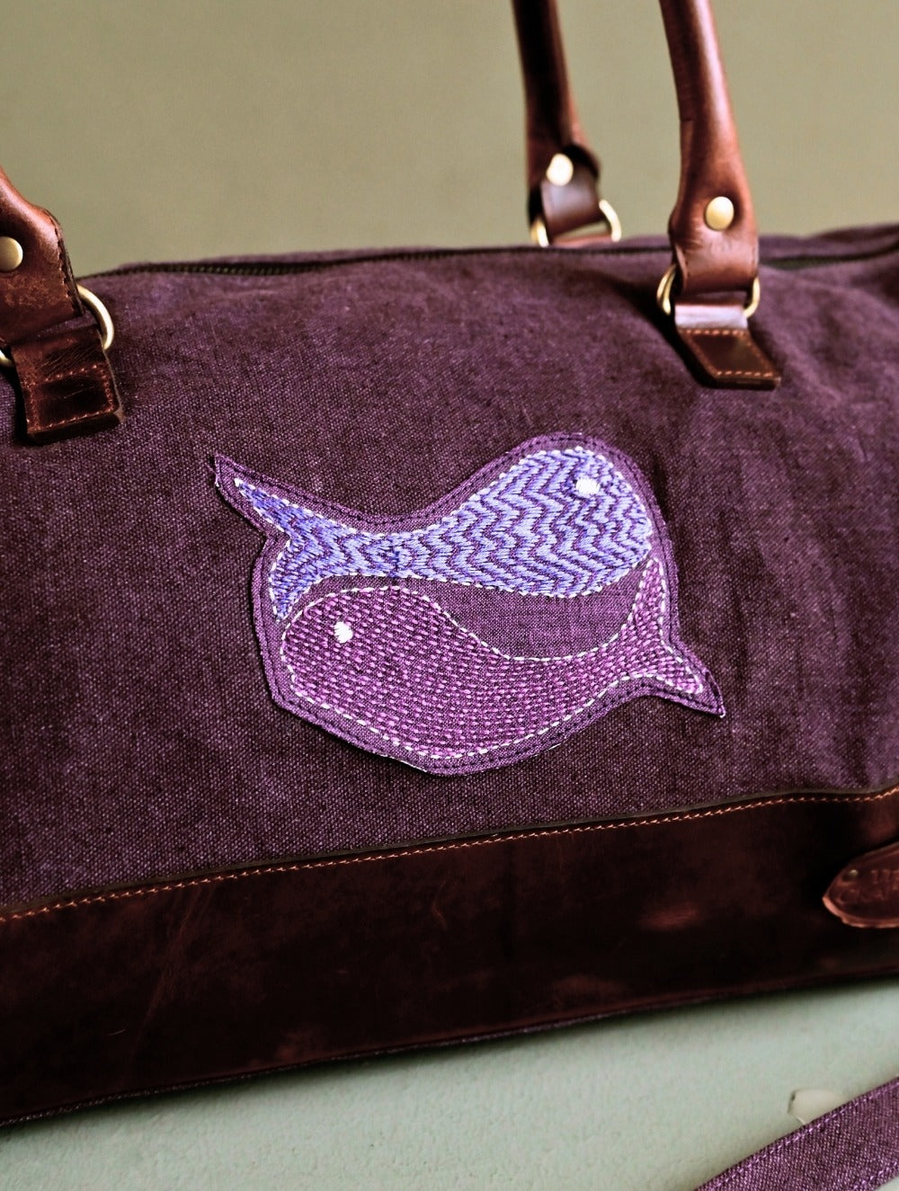 Kantha Caravan Collection: The Kantha & Canvas Duffle Bag - Plum Whales (Large)
