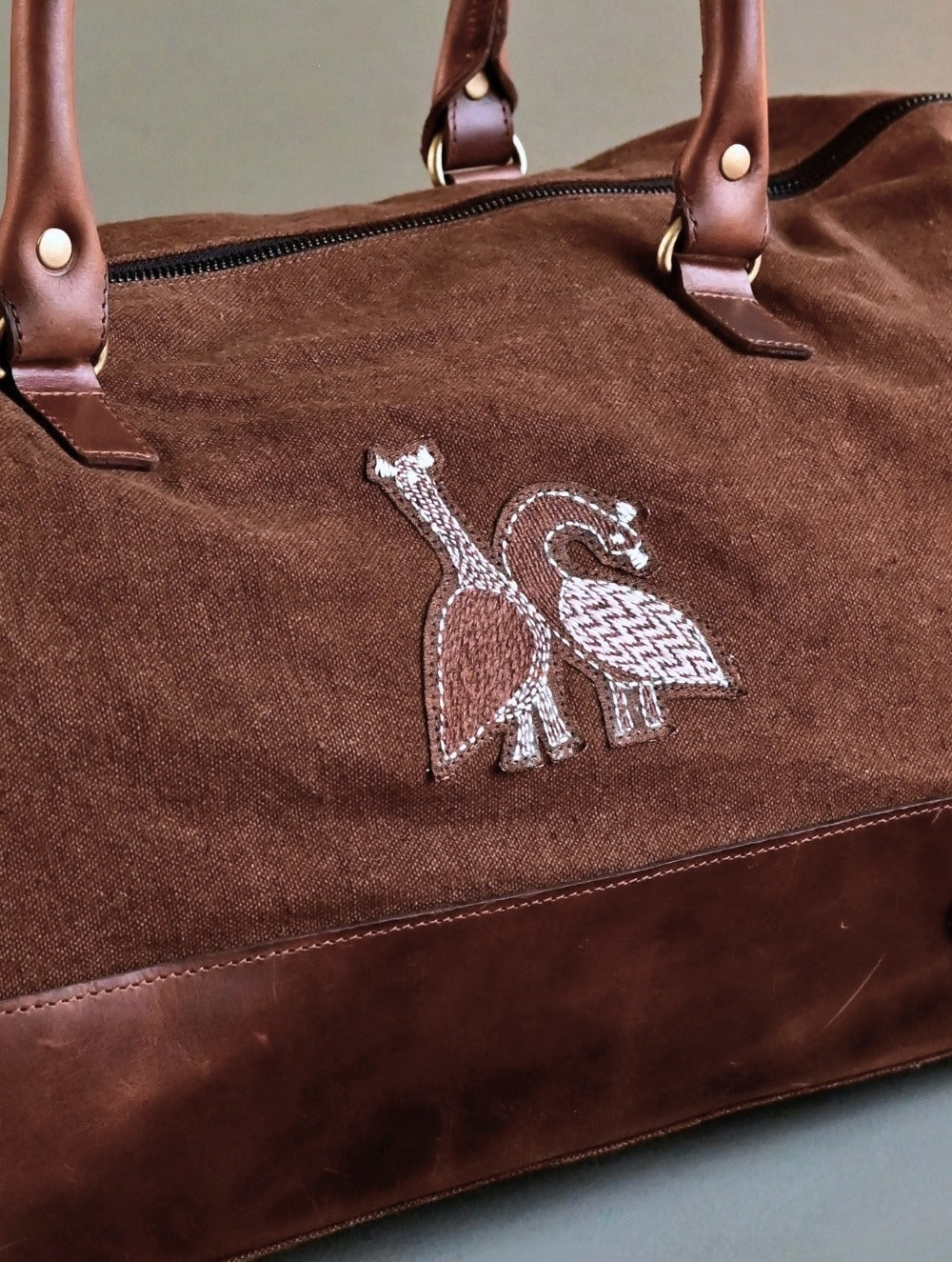 Kantha Caravan Collection: The Kantha & Canvas Duffle Bag - Chestnut Peafowl (Large)